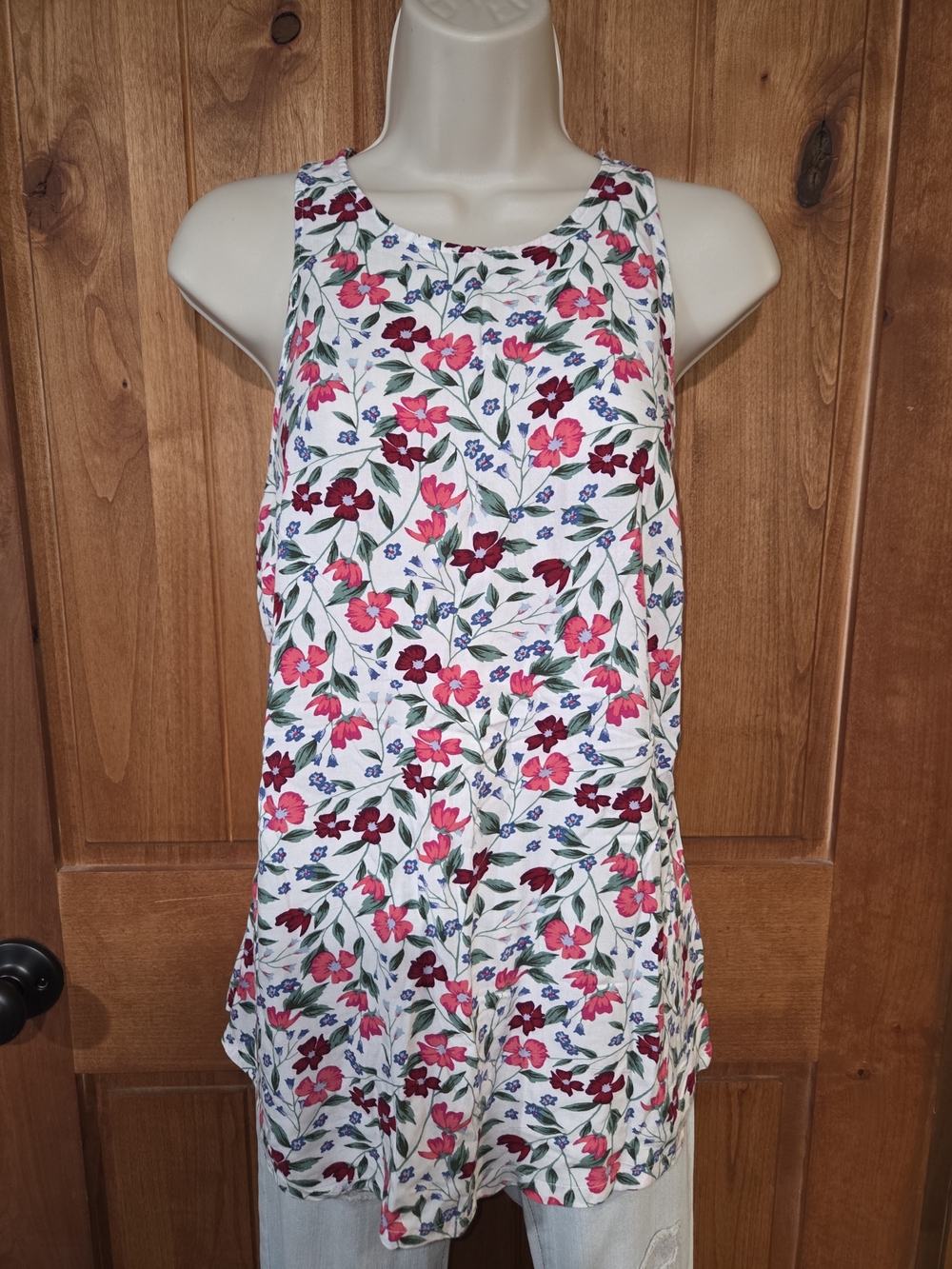 Old Navy White Floral Tank with Pink & Blue Blooms